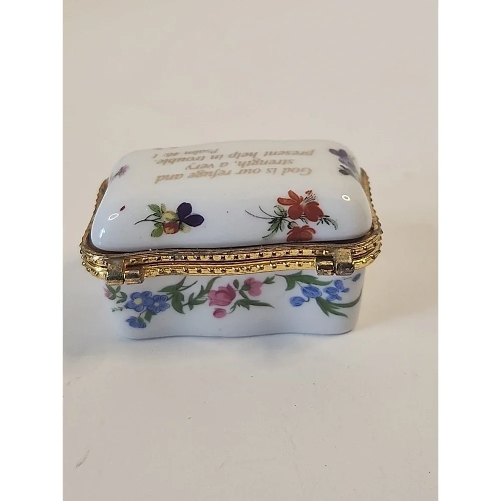 Imperial‎ Porcelain Trinket Box White, Goldtone & Floral Psalm 46:1 Bible Verse